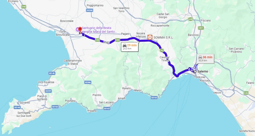 Percorso in auto a noleggio da Salerno a Pompei